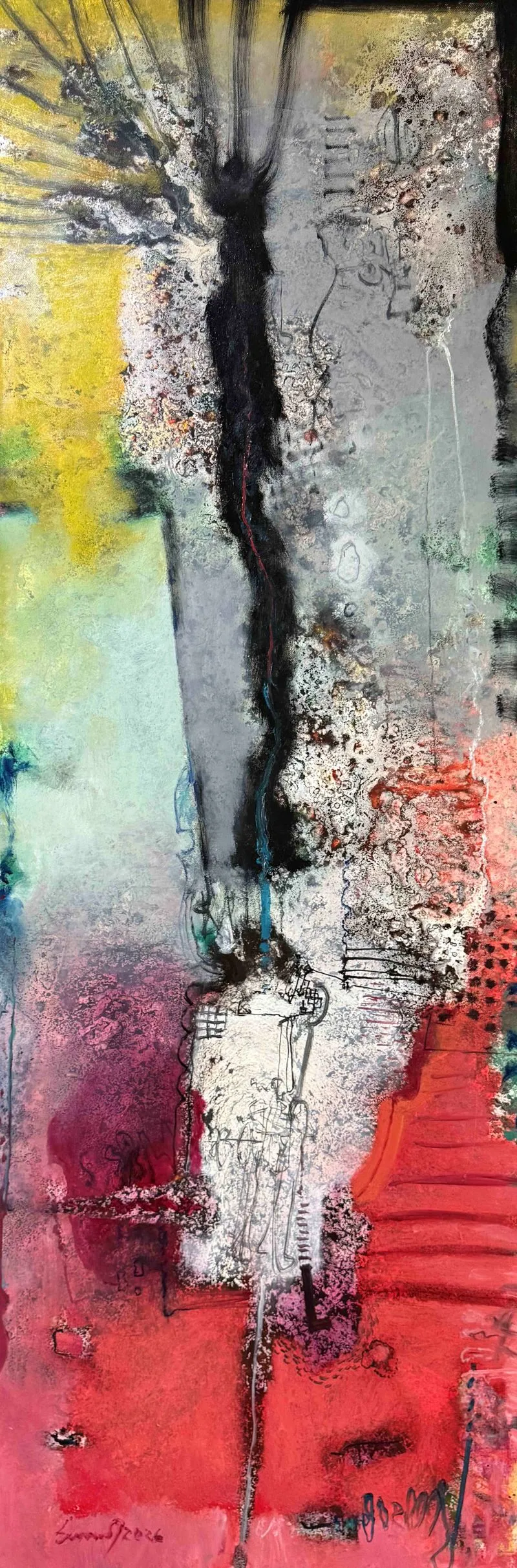 Evidence -13, mixed media on canvas, 2 x 6 feet, 2026