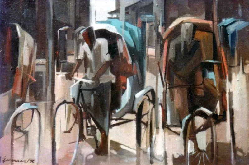 Rickshow pullers, oil on canvas, 4 x 2.5 feet, 198 2