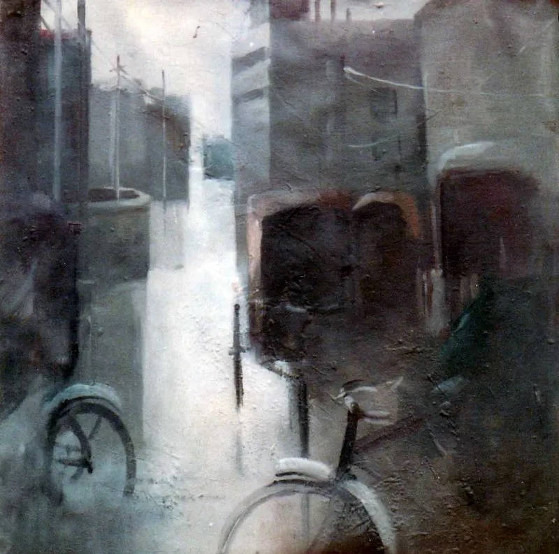 Flood in city, oil on canvas, 3 x 3 feet, 1963